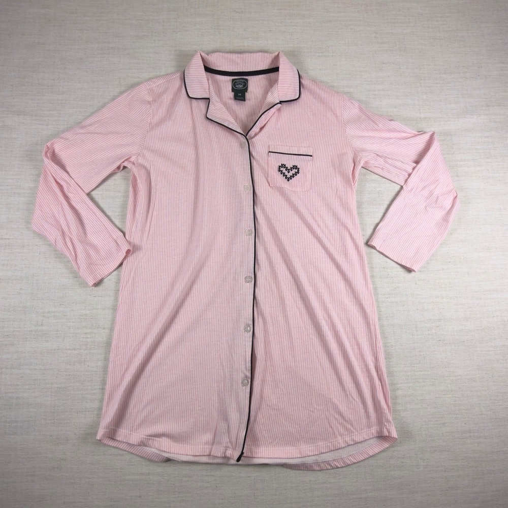 Laura Ashley‎ Pink White Striped Button Down Nightshirt Heart Pocket Medium